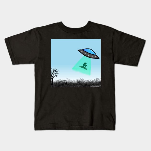 UFO mushroom abduction Kids T-Shirt by SquishyBeeArt